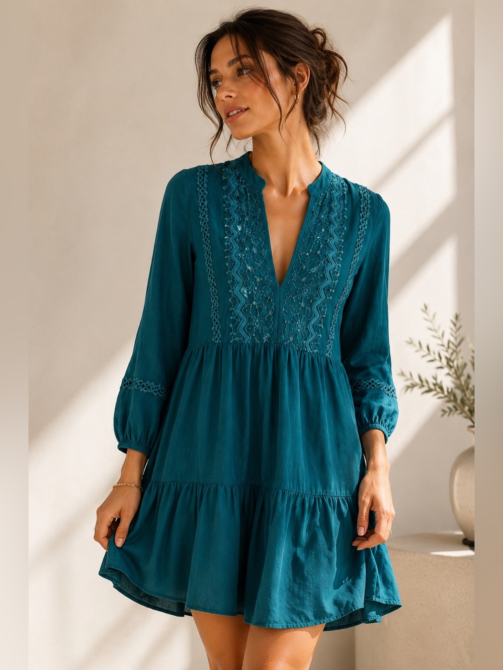 Sachin & Babi Teal Embroidered Mini Dress Medium Resort Vacation Boho